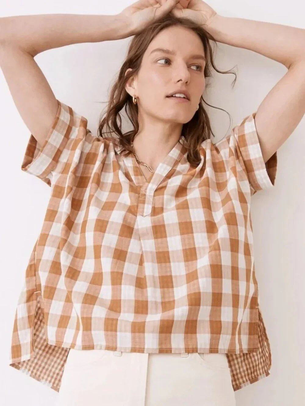 Madewell Brown White Plaid‎ Short Sleeve Popover Top
